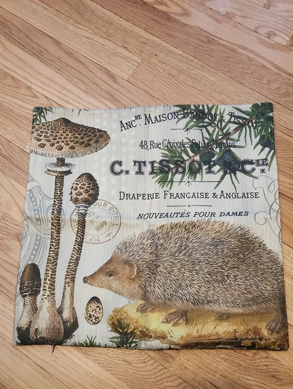 Vintage Look Botanical Hedgehog Square Pillow Cover with French Script